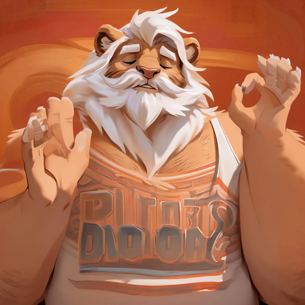 by chunie by catsudon by retros, male,((mature,mature male)),((Bearded,mustache)), felid, solo, Lion,dad bod,(white hair), facial hair, facing viewer, (((closed eyes))), ((smilling)), feline claws, ((5 fingers)), red and orange spiral background, white tank top, smile, ((((ok gesture)))), palm forward,
