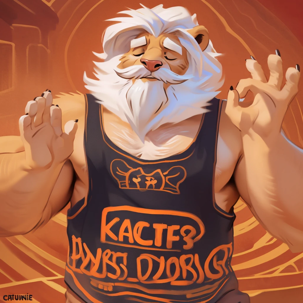 by chunie by catsudon by retros, male,((mature,mature male)),((Bearded,mustache)), felid, solo, Lion,dad bod,(white hair), facial hair, facing viewer, (((closed eyes))), ((smilling)), feline claws, ((5 fingers)), red and orange spiral background, white tank top, smile, ((((ok gesture)))), palm forward,
