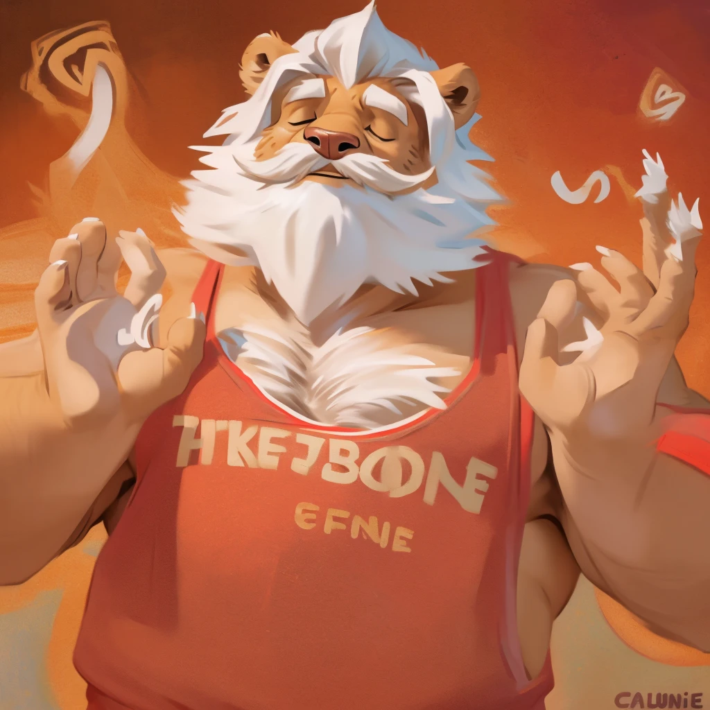 by chunie by catsudon by retros, male,((mature,mature male)),((Bearded,mustache)), felid, solo, Lion,dad bod,(white hair), facial hair, facing viewer, (((closed eyes))), ((smilling)), feline claws, ((5 fingers)), red and orange spiral background, white tank top, smile, ((((ok gesture)))), palm forward,
