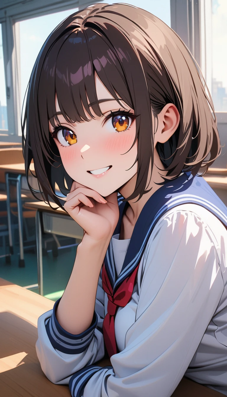 modern, Verism, masterpiece, textured skin, super detail, best quality, 4K , A beautiful woman ,Short Bob,Dark brown hair ,Sailor suit, she is resting her chin on her hand, looking at the camera, smile, The setting is inside a high school classroom during the day.