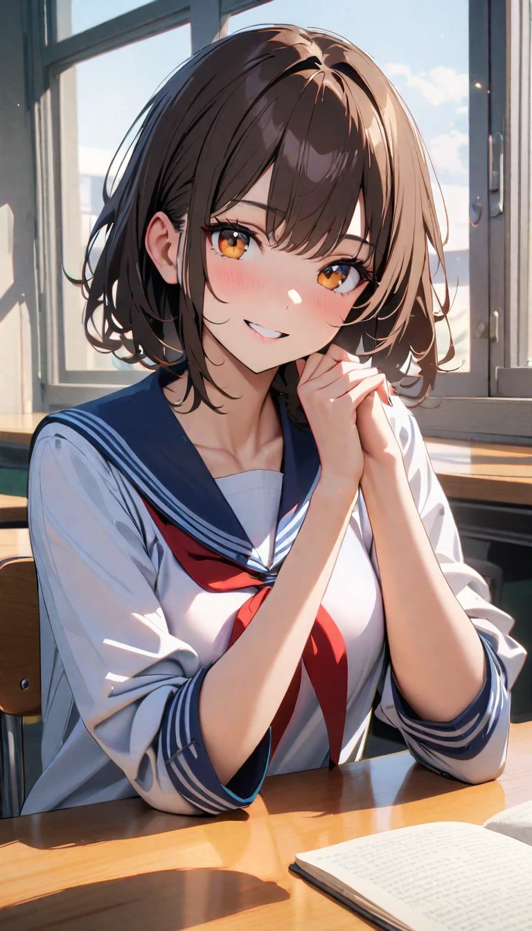 modern, Verism, masterpiece, textured skin, super detail, best quality, 4K , A beautiful woman ,Short Bob,Dark brown hair ,Sailor suit, she is resting her chin on her hand, looking at the camera, smile, The setting is inside a high school classroom during the day.