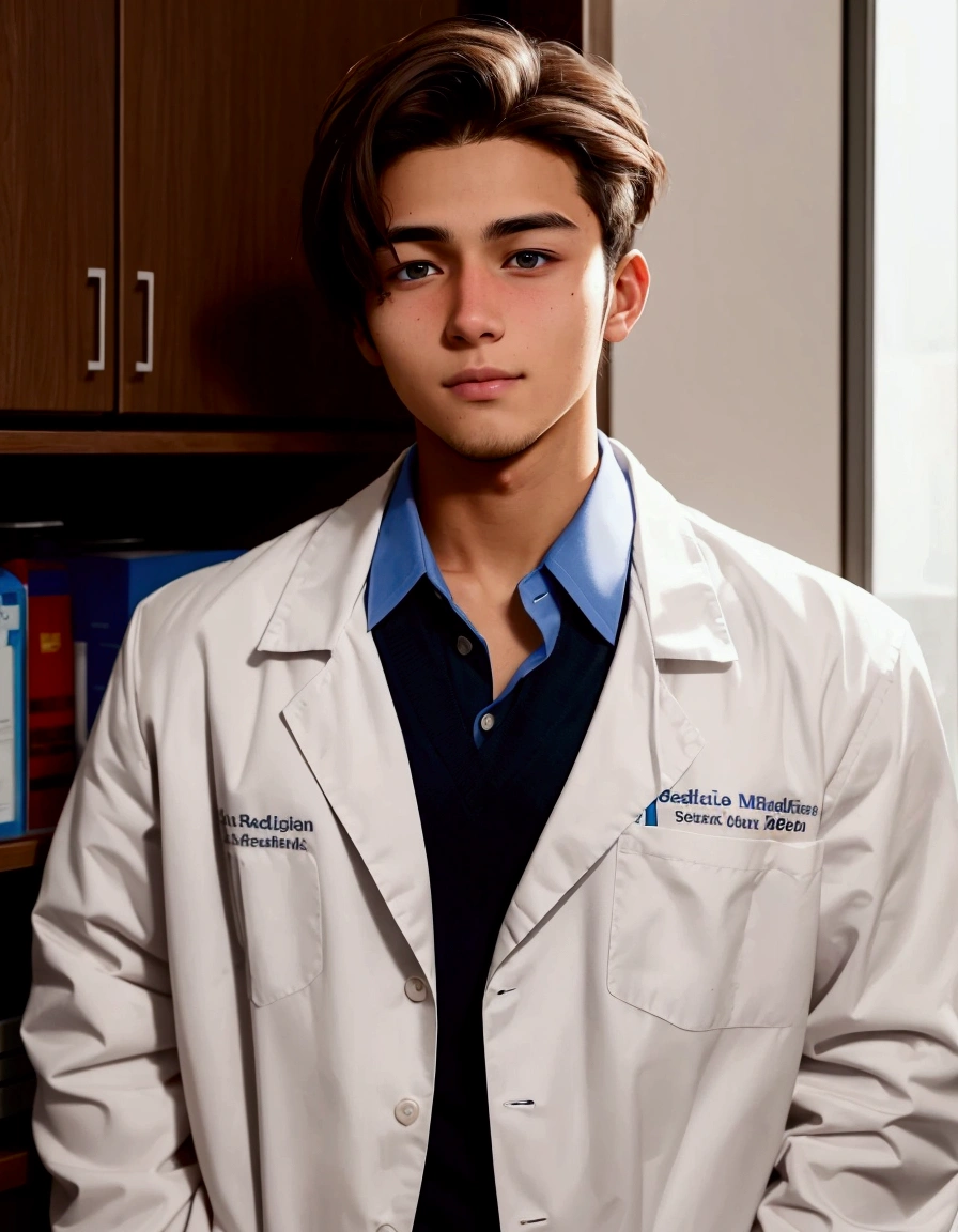 Medium shot,Medicine student ,2nd year , cool , hunk, messy brown hair,handsome , in university,uniform
