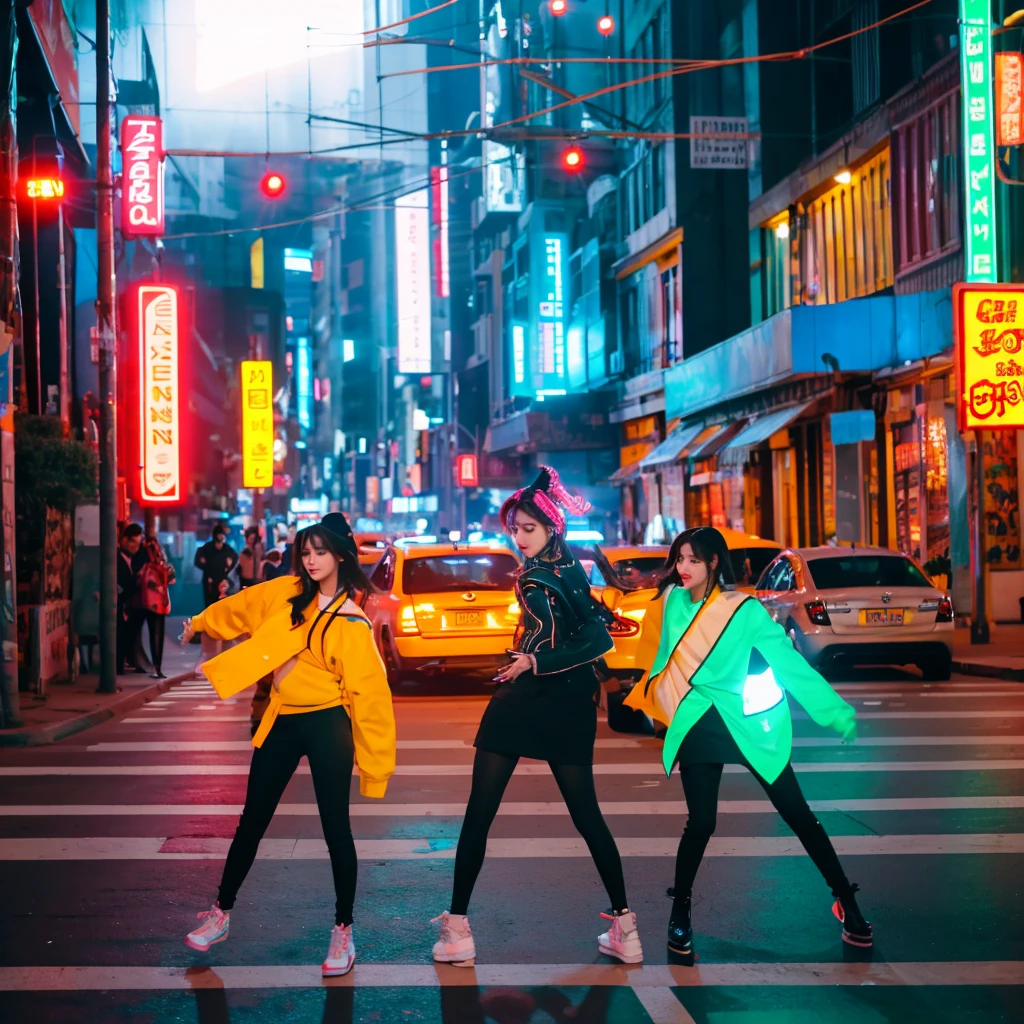 Scene**: The members walking along a vibrant city street, showcasing trendy outfits that blend street style and elegance.
- **Visuals**: Bright neon signs, fast-moving traffic, and playful interactions between the members.
- **Choreography**: A synchronized dance routine with lively expressions, highlighting their chemistry. Kpop girl group  south koera members music video in south korea 

