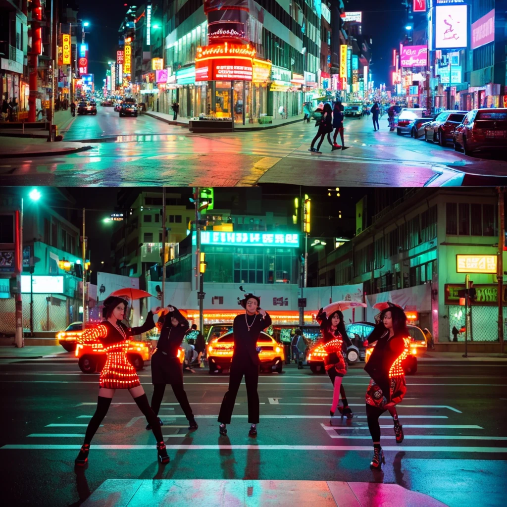 Opening Scene: Rooftop Party**
   - **Setting:** A stylish rooftop with neon lights.
   - **Action:** The members are seen arriving individually, showcasing their unique styles. They greet each other with excitement, and as they come together, the beat drops for the chorus. 
   - **Dancers:** Female backup dancers join in for the first choreography sequence, featuring synchronized dance moves with fierce expressions. Kpop girl group south koera members  music video  siren  scene 