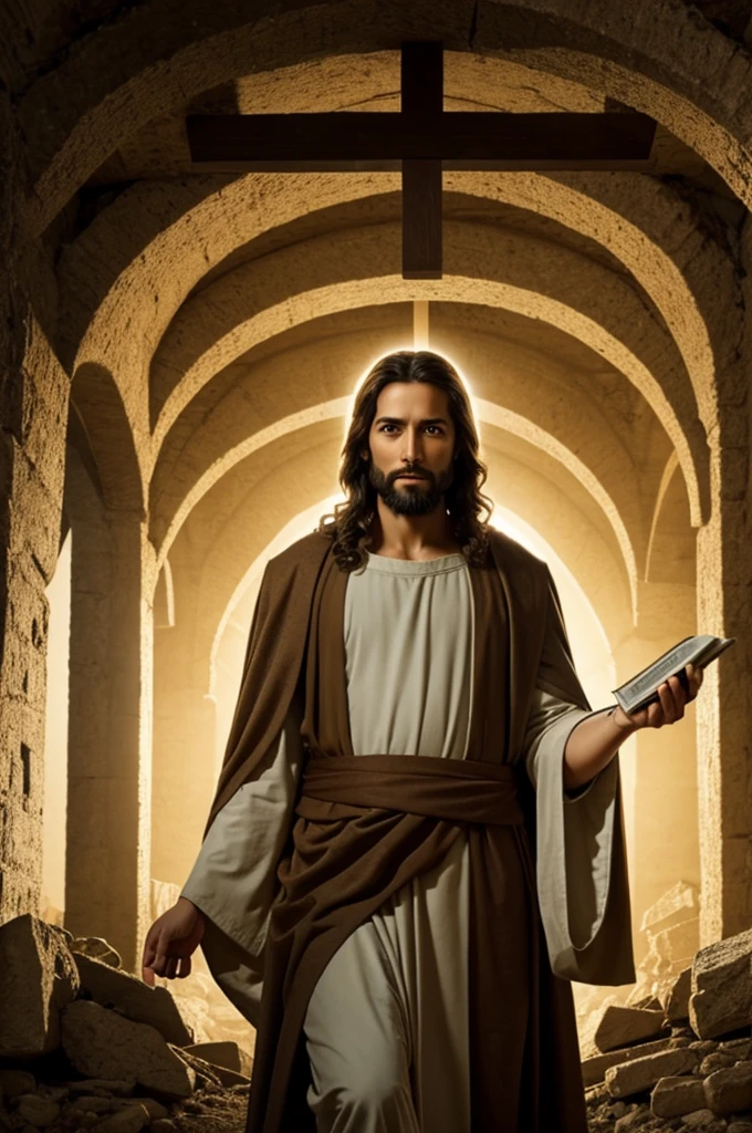Create Jesus Christ with a rolled up scroll in his hand in heaven