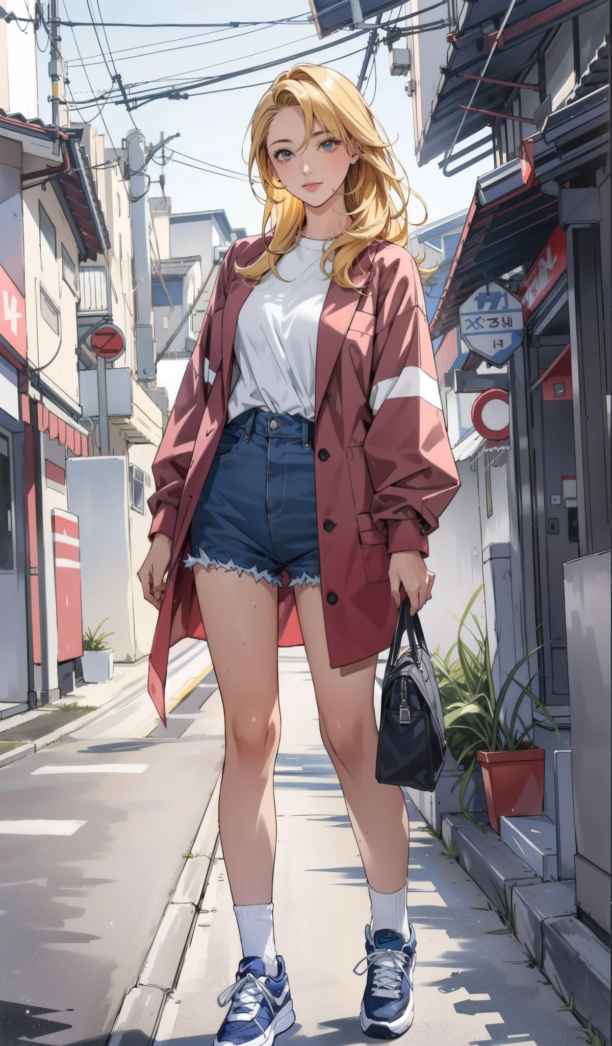 Masterpiece, photo realistic hyper details, a woman in a white shirt, pastel blue colour mini short, simple style, wearing elegant casual clothes, muted red, simple clothes, milk and blue style, casual transparent clothing style, wet, modern fashion outfit, wearing a fisher , casual modern clothing, inspo, red clothes, blue oversized jacket, brosshort, neutral tones, red and white color scheme, casual business outfit,cute face, nike shoes, 22 years old, adult face, long hair, ((yellow hair)), street traditional festival