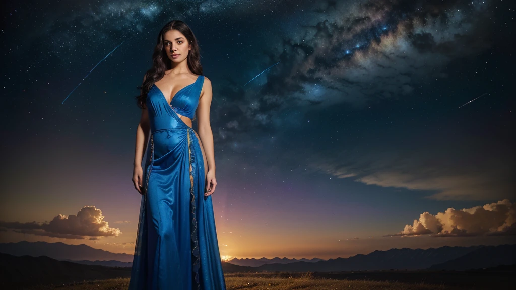 Background: a realm where galaxies collide and celestial clouds swirl. A glow from a thousand cosmic furnaces.
Foreground: a beautiful woman is standing, looking directly at the camera, divine, regal, celestial in appearance. She has long, flowing, dark hair, wide eyes, wearing a long sheer blue gown, blue gown, blue gown cut low in the front and cut up the side to her hip. Add bright, contrasting swirls of yellow, red, purple and green. Add lots of bright, contrasting colors.