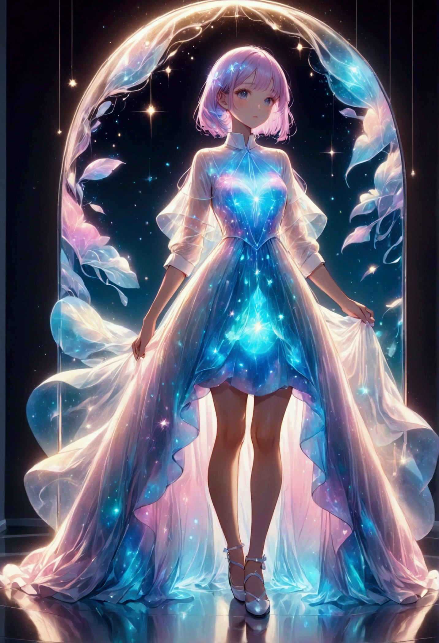 Pastel colored girl,Draw a white outline,Gentle colors,White casual clothes that sparkle in the reflected light,,bioluminescent dress,Fantasy,dream