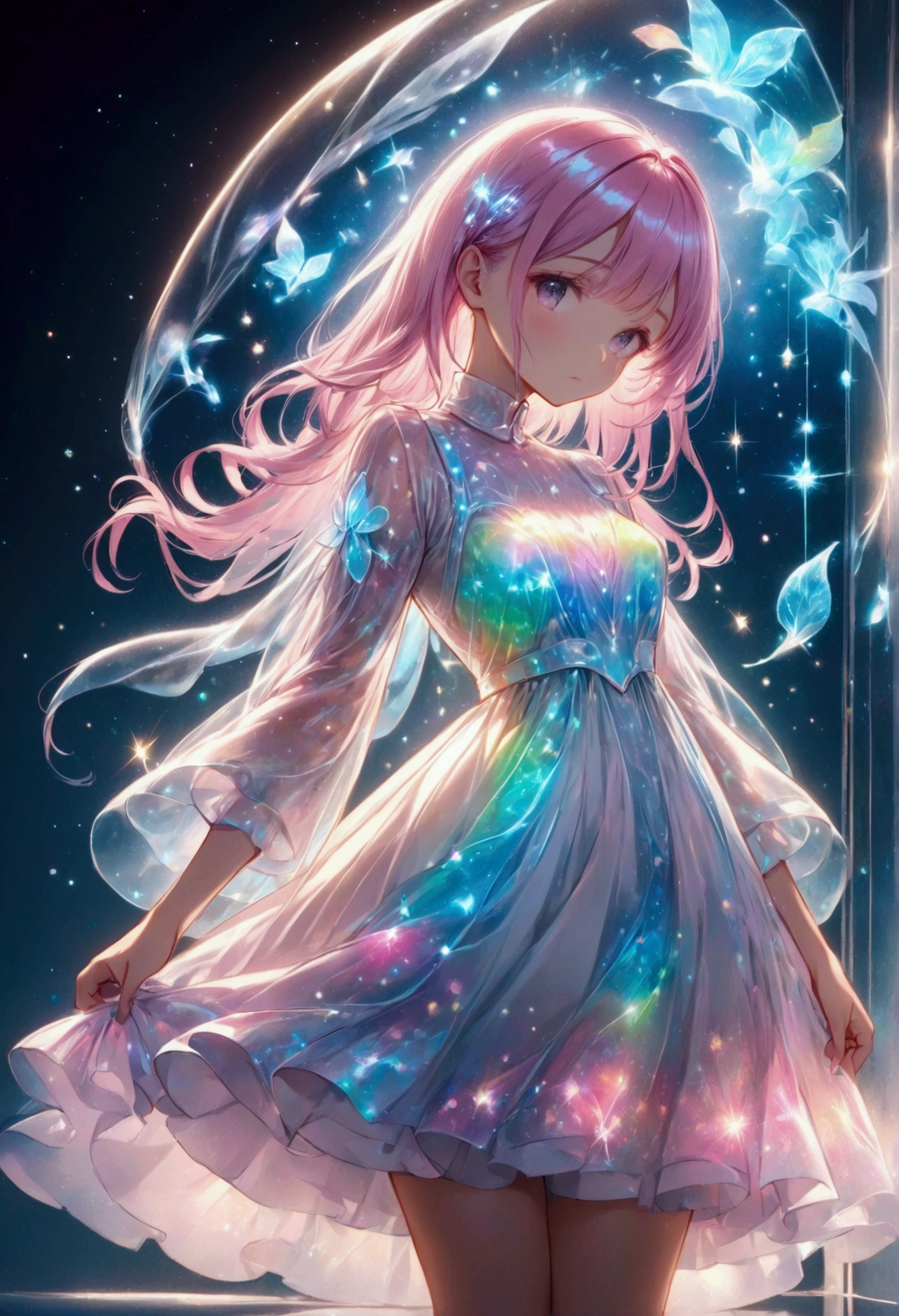 Pastel colored girl,Draw a white outline,Gentle colors,White casual clothes that sparkle in the reflected light,,bioluminescent dress,Fantasy,dream