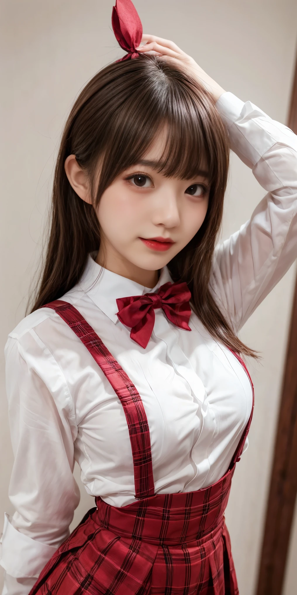 1 girl, only, Small breasts, suspender skirt, white shirt, red bow tie, happy