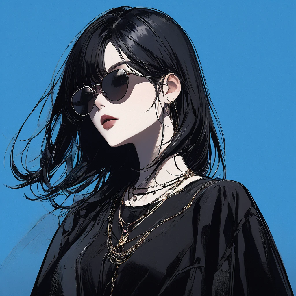 a woman wearing sunglasses and a necklace, with her face partially obscured by the sunglasses. She appears to be looking at something, possibly a camera or a person nearby. The woman is wearing a black dress, which contrasts with the blue background of the image. The sunglasses and necklace are noticeable elements of her outfit, adding a stylish and fashionable touch to her appearance.