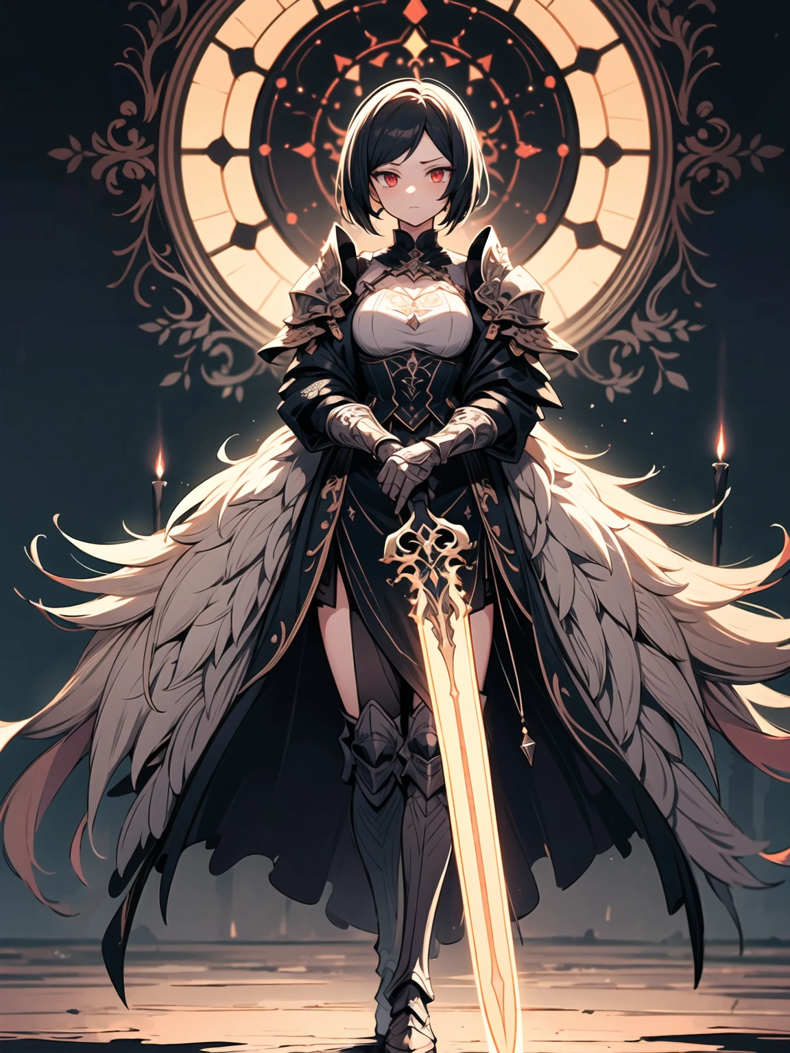 A breathtaking artwork of a female character of unimaginable beauty, set in a dark and opulent environment. The full-body view reveals an impressive figure, exuding an aura of power and mystery. She wears black and gold clothes, radiating a luxurious darkness. Her armor is detailed and characteristic, with intricate golden designs that shimmer in the dim light. Ornate shoulder pads protect her shoulders, and the armor perfectly molds to her body, accentuating her formidable presence.
Her long black hair flows like a river of darkness, contrasting with her mesmerizing scarlet eyes. Her beauty is almost supernatural, a perfect blend of grace and menace. She wields a cursed blade that seems to pulse with malevolent energy, enhancing her aura of danger.
The setting around her is a gothic and luxurious environment, with dark arches and stained glass windows that filter a supernatural light. In the background, candles flicker, casting dancing shadows on the intricately carved stone walls. It is a place that blends elegance and terror, perfectly reflecting the essence of the character.