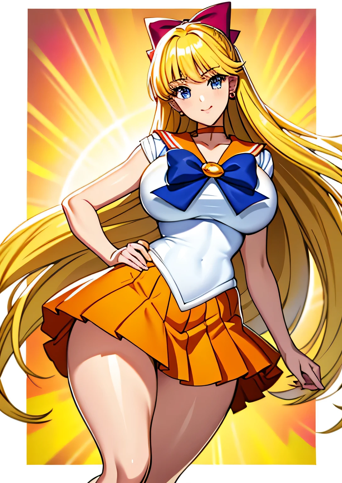 Top quality anime art、masterpiece、High definition anime art、Anime style 4K、High resolution、Minako Aino、Sailor Warrior Uniform、Anime Auntie、Mature Woman、Mature Woman、Age Increase、Woman in her 40ilf、orange choker、Golden choker、Elbow Handbags、セーラーヴィーナス as a sexy female、A woman with very long blonde hair、Orange Skirt、Golden Skirt、 White gloves、Orange sailor collar、Gold sailor collar、solo、A woman with very large breasts、Big Breasts、cleavage、red_head_bow、White leotard、High leg、High legレオタード、White Dress、Purple bow tie、Magical girl、Earrings、smile、traditional_stocking、jewelry、Circlet、Blue Eyed Woman、looking_at_viewer、shiny、Half Up Hair、mature、rating:questionable、Mouth closed、mini skirt、Pleated skirt、Wide Hips、Cowboy Shot、bangs、Glowing Skin、purple backdrop、A woman is standing、Eyebrow、Long legs、Shiny Hair、thighs、Legs、(sexy body:1.3)、rating:safe、Orange High Heels、Golden High Heels、bare legs、Bare shoulders、Ecchi anime style、In a naughty way、Seductive anime woman、Ecchi style、(1990s\(style\):0.9)