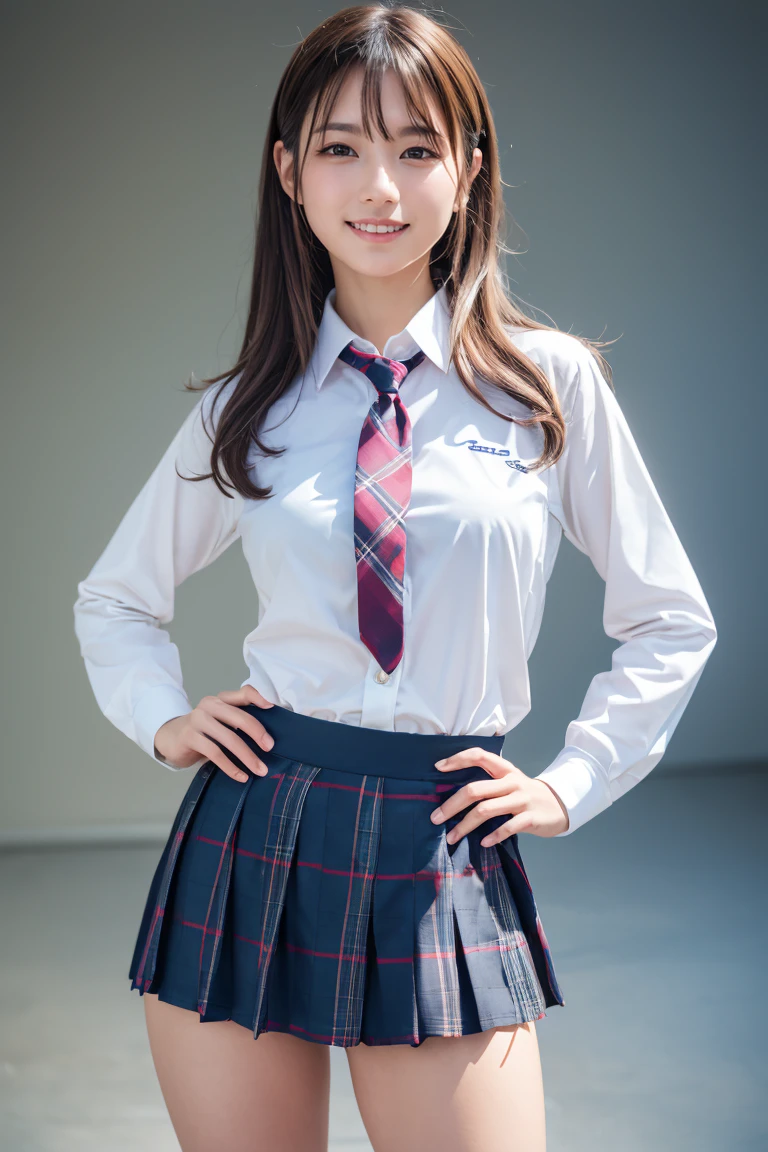 ((school uniform)),ribbon at neck,(school uniform and ((Plaid navy skirt)) and white shirt:1.1), Skin color, big , smile, (8k, RAW Photos, Highest quality, masterpiece:1.2), masterpiece, super detailed, super high quality, (Realistic and Realistic photography:1. 37), High-resolution RAW color photos, Very delicate and beautiful, highly detailed, 8k壁紙, wonderful, detailed, Very eye, very detailed, very detailed skin, very thin fingers, very detailed nose, very detailed mouth, Perfect Anatomy, Upper Body, studio, Soft lighting, A full-body shot of a cute idol wearing a one-piece swimsuit, Playful pose, Hands on hips, smile, Pastel Background, Realistic, Attention to detail, studio photography