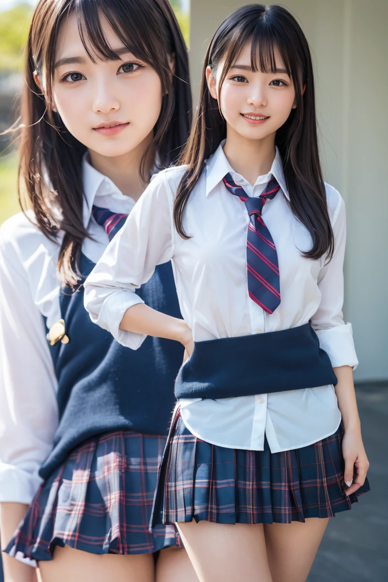 ((school uniform)),ribbon at neck,(school uniform and ((Plaid navy skirt)) and white shirt:1.1), Skin color, big , smile, (8k, RAW Photos, Highest quality, masterpiece:1.2), masterpiece, super detailed, super high quality, (Realistic and Realistic photography:1. 37), High-resolution RAW color photos, Very delicate and beautiful, highly detailed, 8k壁紙, wonderful, detailed, Very eye, very detailed, very detailed skin, very thin fingers, very detailed nose, very detailed mouth, Perfect Anatomy, Upper Body, studio, Soft lighting, A full-body shot of a cute idol wearing a one-piece swimsuit, Playful pose, Hands on hips, smile, Pastel Background, Realistic, Attention to detail, studio photography