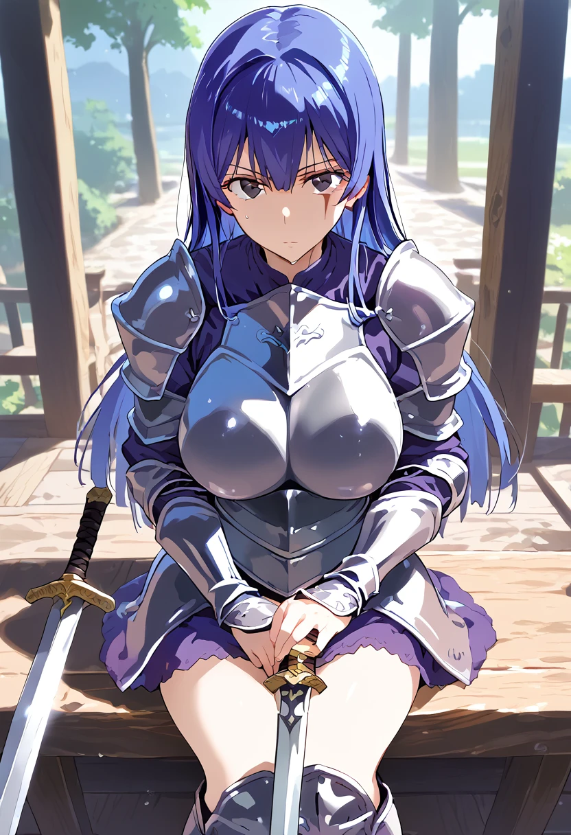 (Perfect Anatomy)、Mastepiece、Ultra High Quality、 8K、masterpiece、Highest quality、Ultra-high resolution、Maximum resolution、Very detailed、Professional Lighting、anime、Adult female、thin、so beautiful、Highly detailed eye、Highly detailed face、Armored Dress, Blue and white armor, , Golden decorated luxury tiara，Golden earrings，Frilly Armor，Blue Hair, blue eyes，White underwear、grassland, equipped with a spear, female spearman, lancer, vaginal sex, woman on top, Highly detailed vagina、Highly detailed nipples、