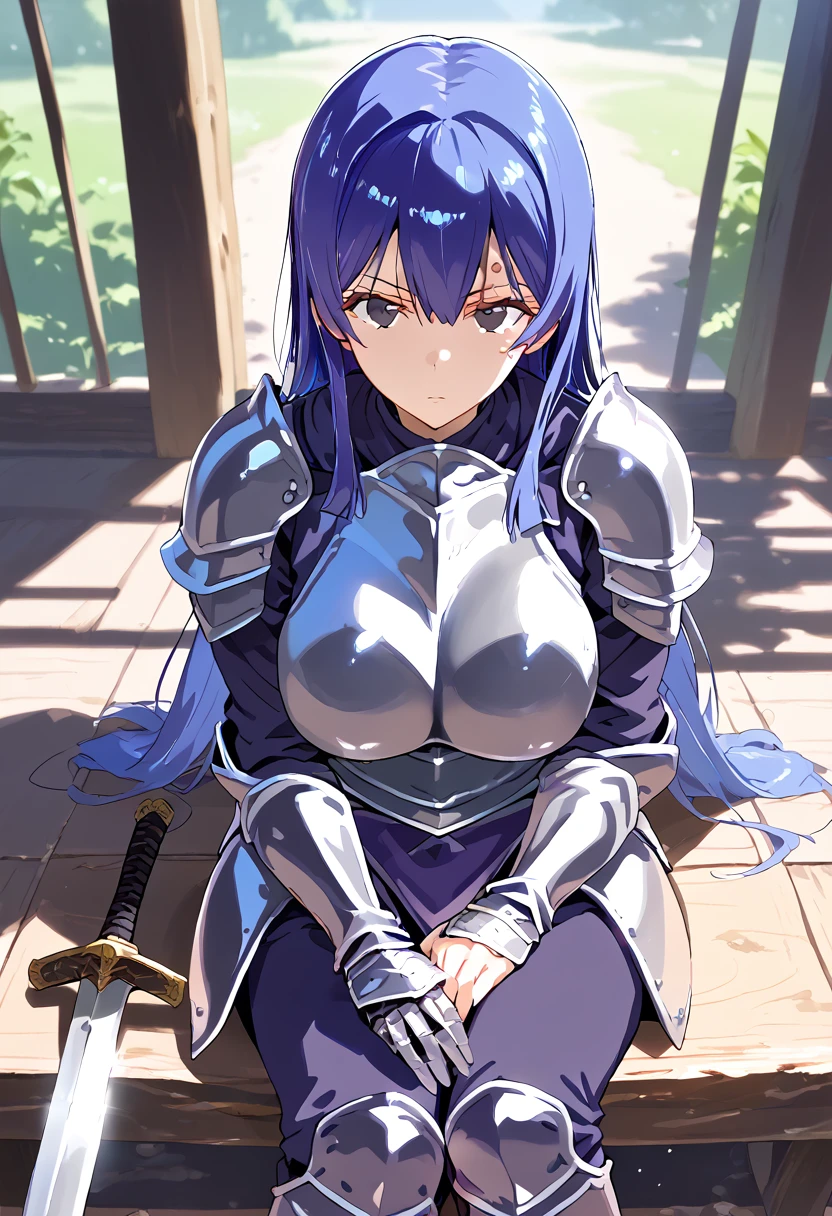 human, ((1girls)), 25 years old, Long Hair, Blue hair, black eyes, knight armor, cup breasts F, 1m75, deserted, ((Takeda Hiromitsu style)), left eye scar, Wooden sword, holding wooden sword, cold, Pov, sitting, background Outdoor,