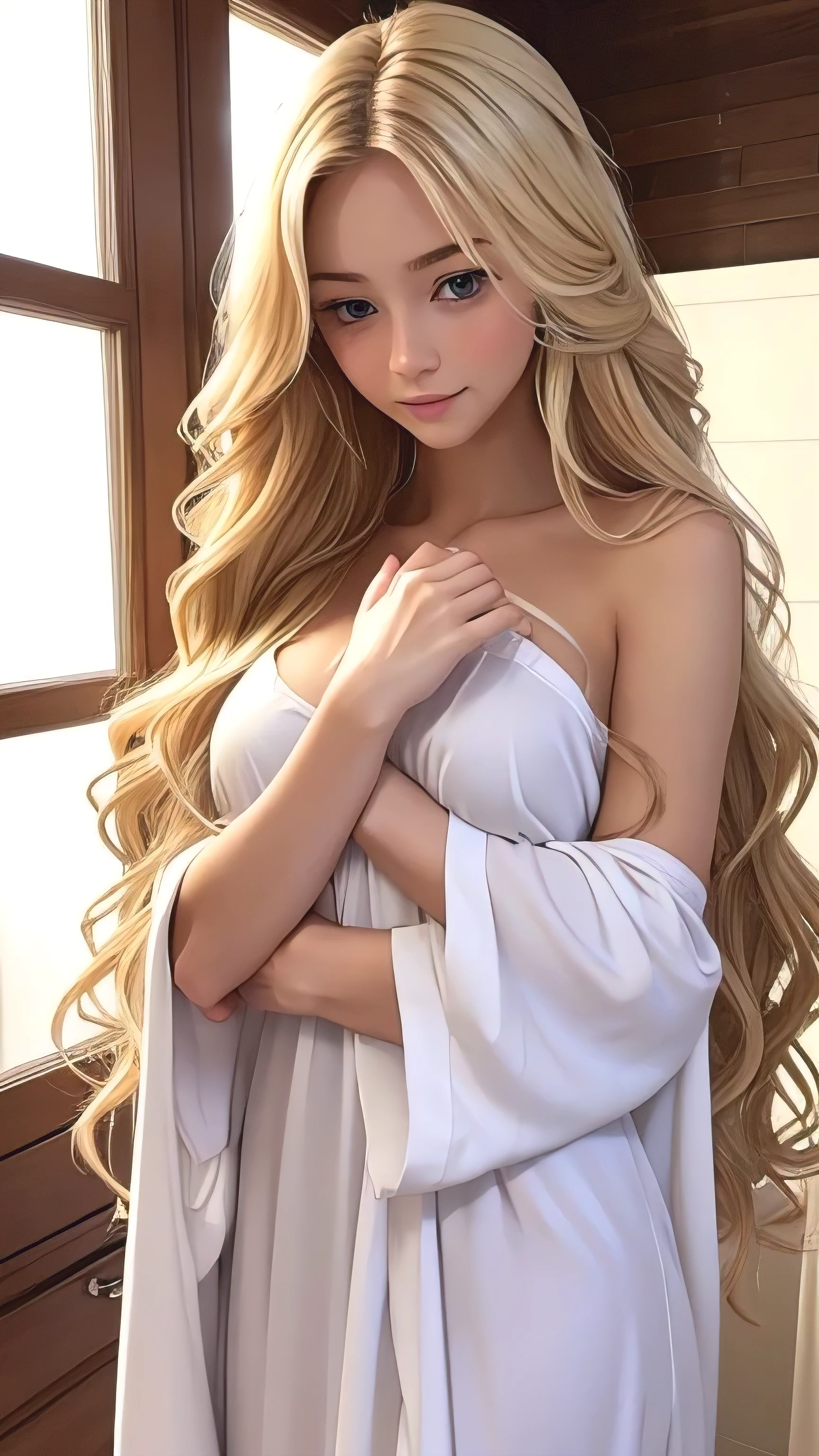 woman, naked , Long blond wavy hair, White Nightgown、Place your left hand gently on your chin,right hand holding her groin