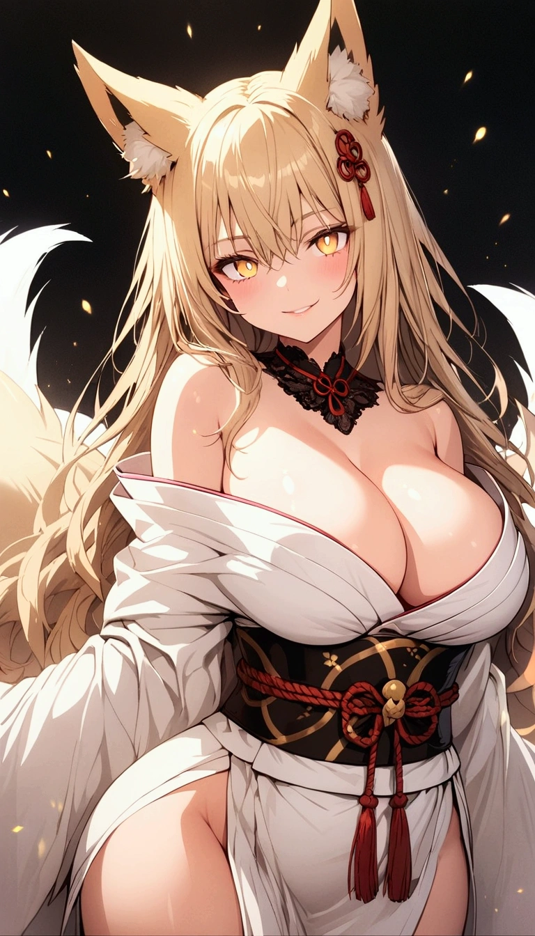 (extremely detailed CG, best quality:1.1), 1girl, perfect face, bright pupils, (finely detailed beautiful eyes:1.1), shiny skin, lustrous skin, wide hips, narrow waist, long hair, fox ears, animal ear fluff, fox girl, yellow eyes, fox tail, japanese clothes, white kimono, fur-trimmed kimono, rope, cleavage, wide sleeves, off shoulder, barefoot, detached collar, talisman,cowboy shot, simple background, black background, large breasts,evil grin,