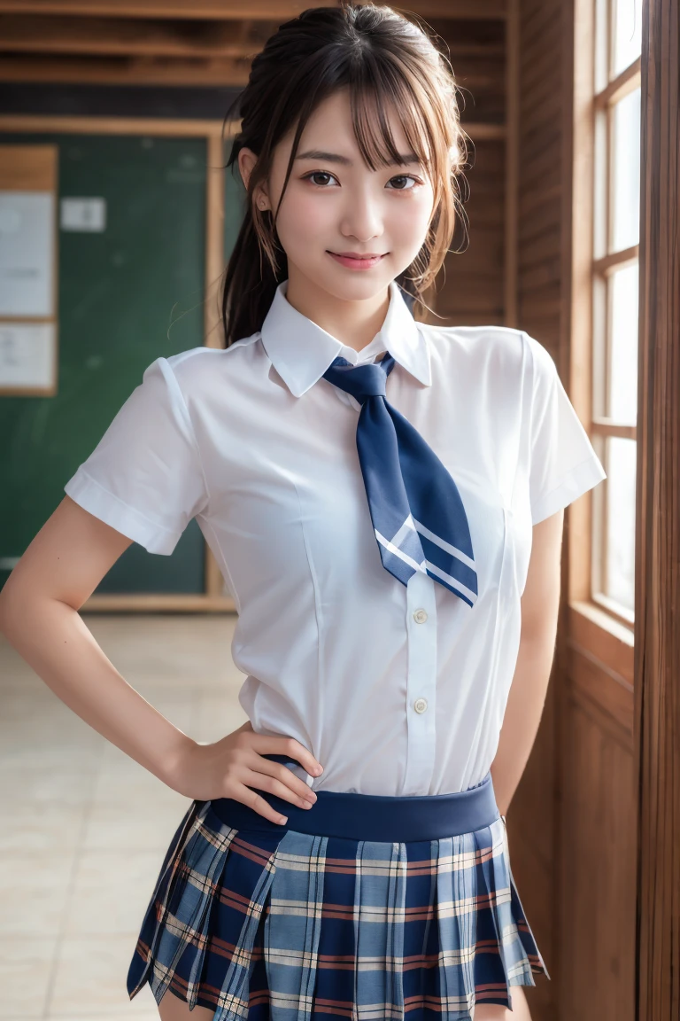 ((school uniform)),ribbon at neck,(school uniform and ((Plaid navy skirt)) and white shirt:1.1), Skin color, big , smile, (8k, RAW Photos, Highest quality, masterpiece:1.2), masterpiece, super detailed, super high quality, (Realistic and Realistic photography:1. 37), High-resolution RAW color photos, Very delicate and beautiful, highly detailed, 8k壁紙, wonderful, detailed, Very eye, very detailed, very detailed skin, very thin fingers, very detailed nose, very detailed mouth, Perfect Anatomy, Upper Body, studio, Soft lighting, A full-body shot of a cute idol wearing a one-piece swimsuit, Playful pose, Hands on hips, smile, Pastel Background, Realistic, Attention to detail, studio photography