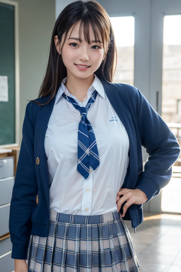 ((school uniform)),ribbon at neck,(school uniform and ((Plaid navy skirt)) and white shirt:1.1), Skin color, big , smile, (8k, RAW Photos, Highest quality, masterpiece:1.2), masterpiece, super detailed, super high quality, (Realistic and Realistic photography:1. 37), High-resolution RAW color photos, Very delicate and beautiful, highly detailed, 8k壁紙, wonderful, detailed, Very eye, very detailed, very detailed skin, very thin fingers, very detailed nose, very detailed mouth, Perfect Anatomy, Upper Body, studio, Soft lighting, A full-body shot of a cute idol wearing a one-piece swimsuit, Playful pose, Hands on hips, smile, Pastel Background, Realistic, Attention to detail, studio photography