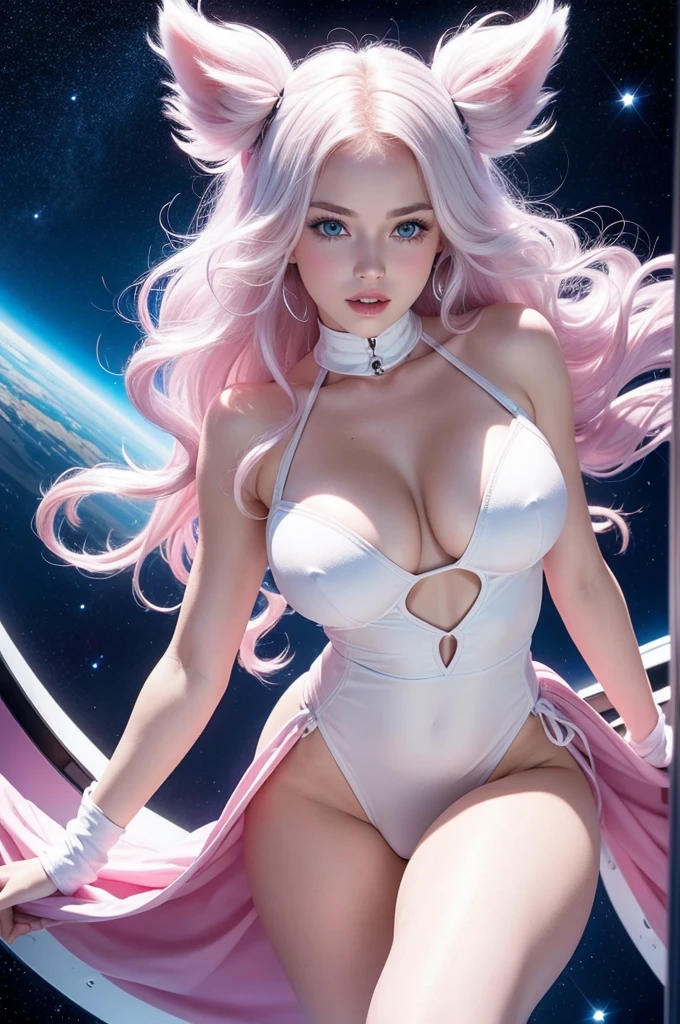 Furry white female with blue eyes, pink nose, long and wavy white hair with large, hanging breasts , dancing in space