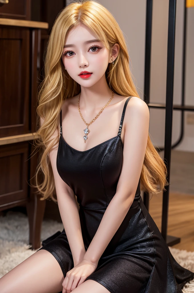 Highest quality,,woman,1 person,cute,beautiful,
Blonde Hair,Long Hair,Brown eyes,BREAK,blunt bangs,wavy hair,BREAK,
Halter neck dress,Black cabaret dress,a black sequined dress,BREAK,
Diamond Necklace,
Background Chandelier,Background light bokeh,