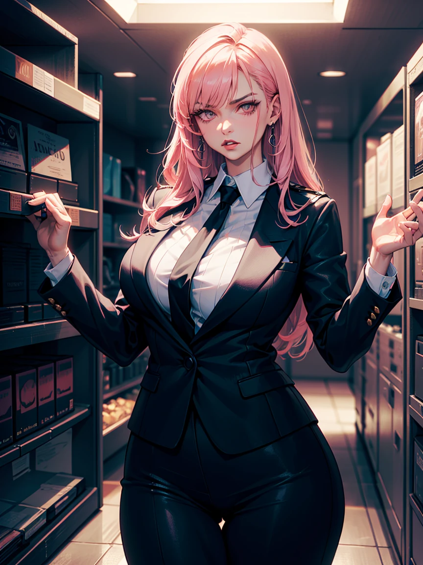 a pink-haired girl boss of the mafia,dark atmosphere,hidden weapons,high-end luxury cars,strategic meeting,secret hideout,heavy security,confident posture,determined look,fierce eyes,sleek and stylish outfit,dramatic lighting,gritty urban backdrop,intense expression,sharp suit,engaged in a power struggle,strong-willed leader,heavily guarded premises,menacing presence,exuding authority,dark,industrial aesthetic,forceful personality,criminal empire,dominant and powerful,underworld queenpin,bank vault full of money,loyal henchmen,sophisticated and calculated,lucrative illegal activities,plotting the downfall of rivals,impressive and intimidating,mastermind of criminal operations,a force to be reckoned with,commanding respect and fear,mysterious and enigmatic,sharp and cunning,in control of every situation,business negotiations with rival gangs,shrewd and calculating,commanding respect,untouchable and influential,boss lady of the criminal underworld,(best quality, highres,photorealistic), giant
