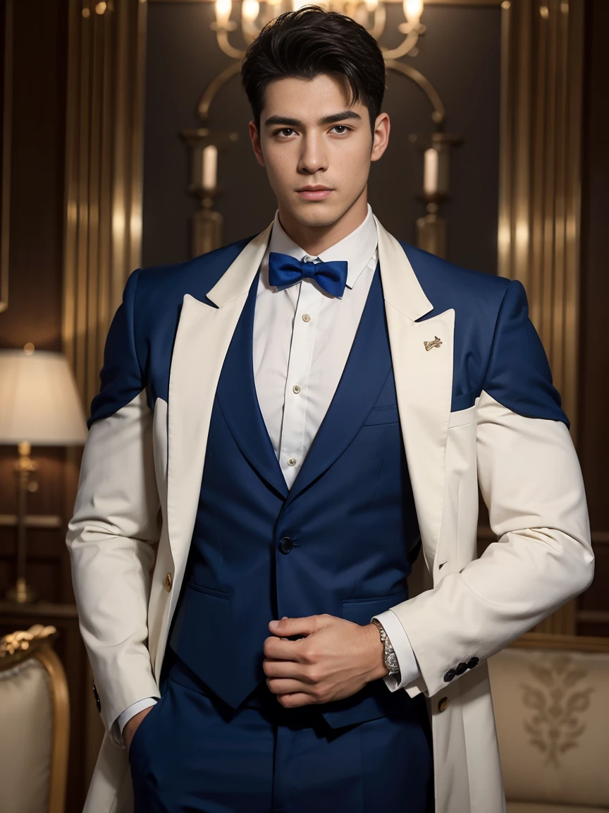 ((masterpiece)),((best quality)),8k,high detail,Very detailed, Very manly,3 men, like,fashion pose, Realistic skin texture, Light,
Royal blue style couple,Perfect hand details,Full chest muscles,Showing chest muscles