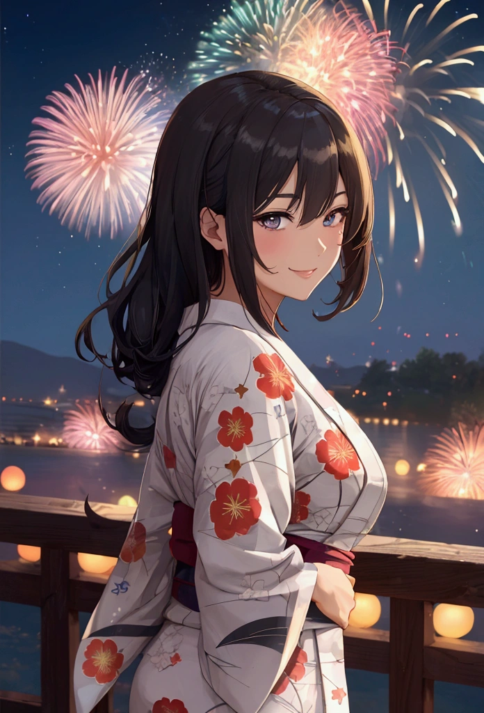 "(((One beautiful woman))), I, Masseter muscle area, Highest quality, Elegant anime style, Yukata outdoors, Spectacular Pyrotechnics, Star mine with a large number of fireworks, Shots from a distance, Backward view, Night view, A shy smile, Bokeh effect and depth of field, High Key Light"