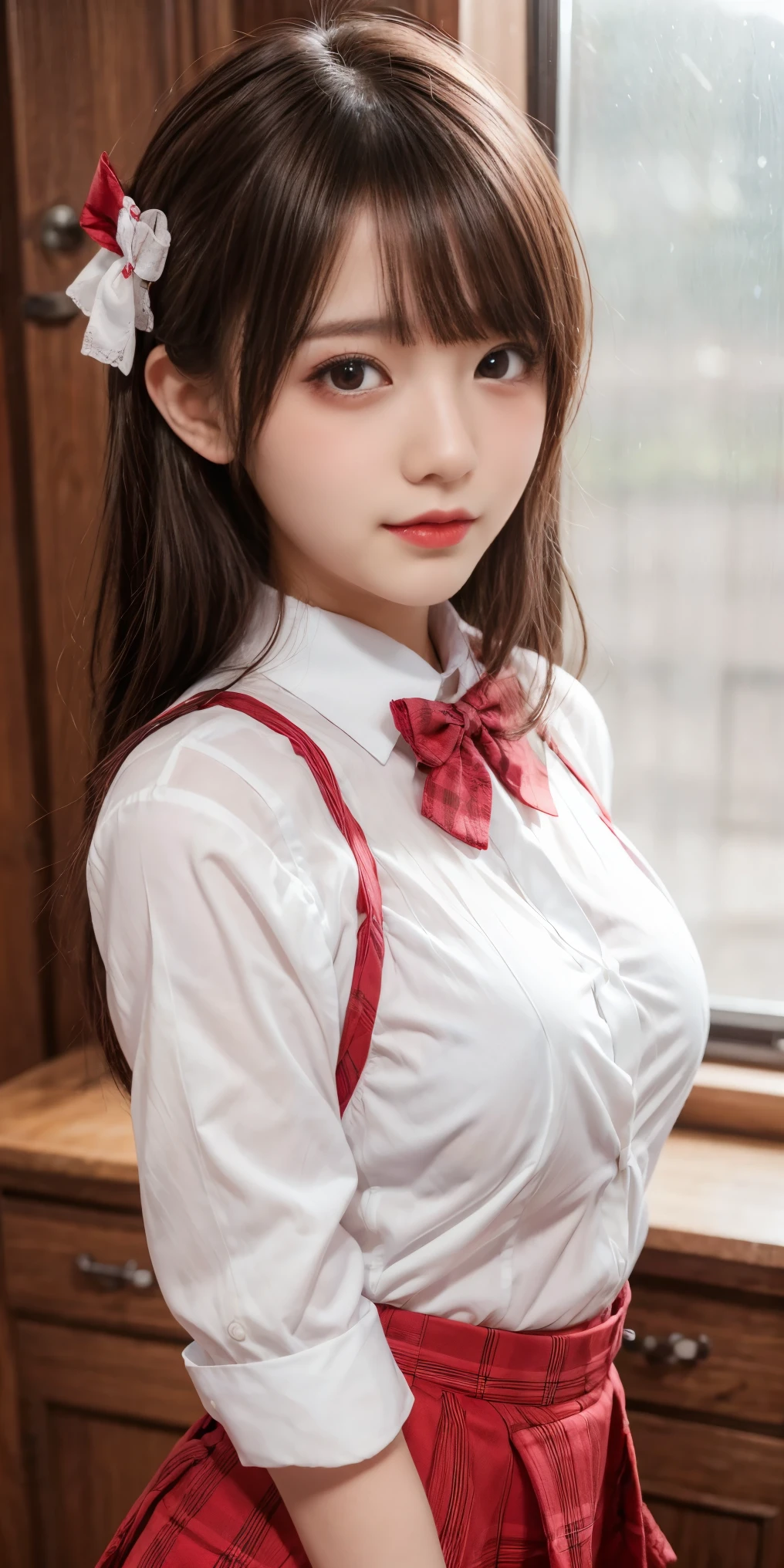 1 girl, only, Small breasts, suspender skirt, white shirt, red bow tie, happy