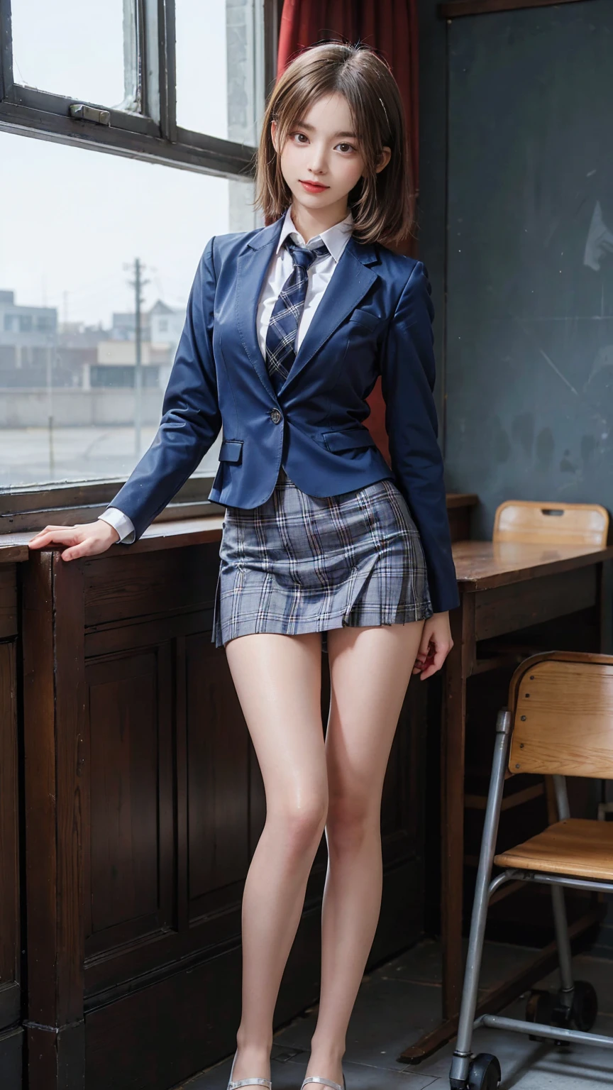 ((masterpiece)),(((best quality))),thin thighs,long legs,girl standing in school,red tie uniform,dark blue blazer,blue plaid skirt,18 years old,forehead,small smile,random pause，Pretty Woman，slim girl，