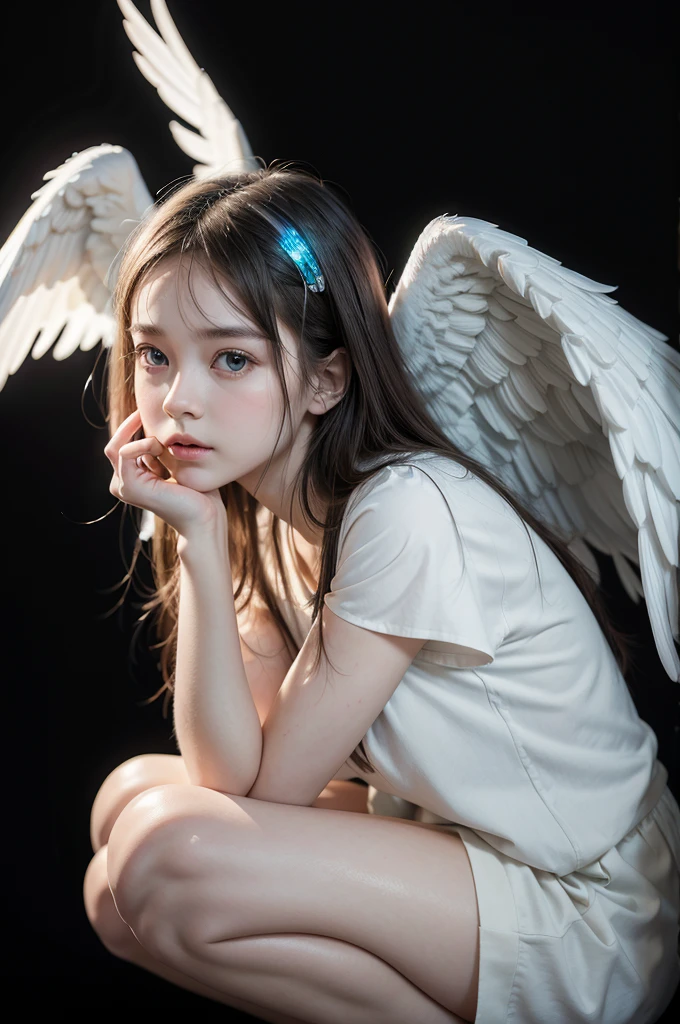 Hello, Can you help me create a hyperrealistic photo of a young angel woman?, its white wings, the abysmal black background, is on his knees, side view, He holds in his hands a luminescent sphere with the soul of a person inside, thank you