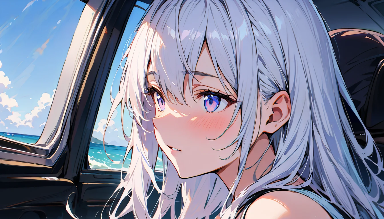 (masterpiece, Highest quality:1.2), 1 Girl, alone,Eyes open,Tropical atmosphere,Ocean,In a car