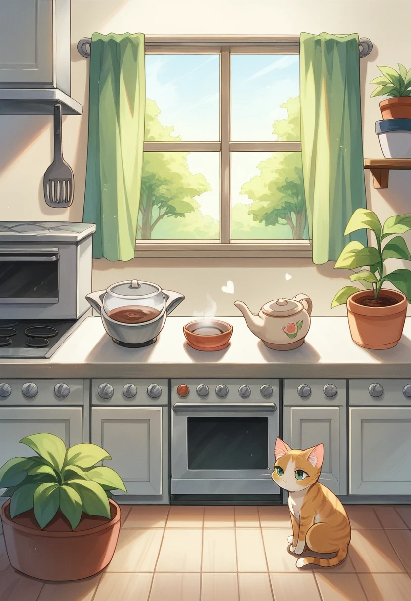 SD Main, Flat Illustration,
masterpiece, Highest quality, cooking, Cat,Girl, plant, heart, potted plant, White Background, coffee mug, Sitting, alone, kitchen,アイランドkitchen,Making sweets,cooking作っている