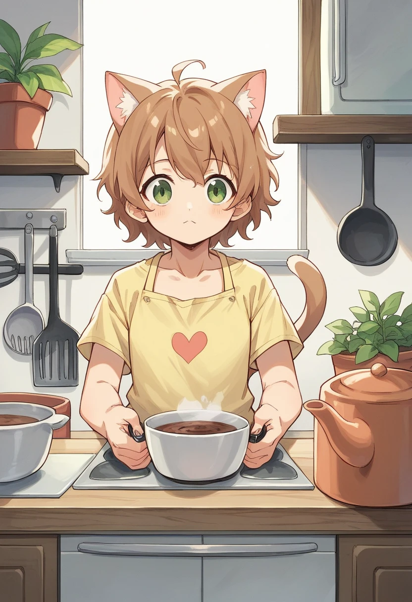 SD Main, Flat Illustration,
masterpiece, Highest quality, cooking, Cat，Girl,  plant, heart, potted plant, White Background, coffee mug, Sitting, alone, kitchen，アイランドkitchen，Making sweets，cooking作っている
 