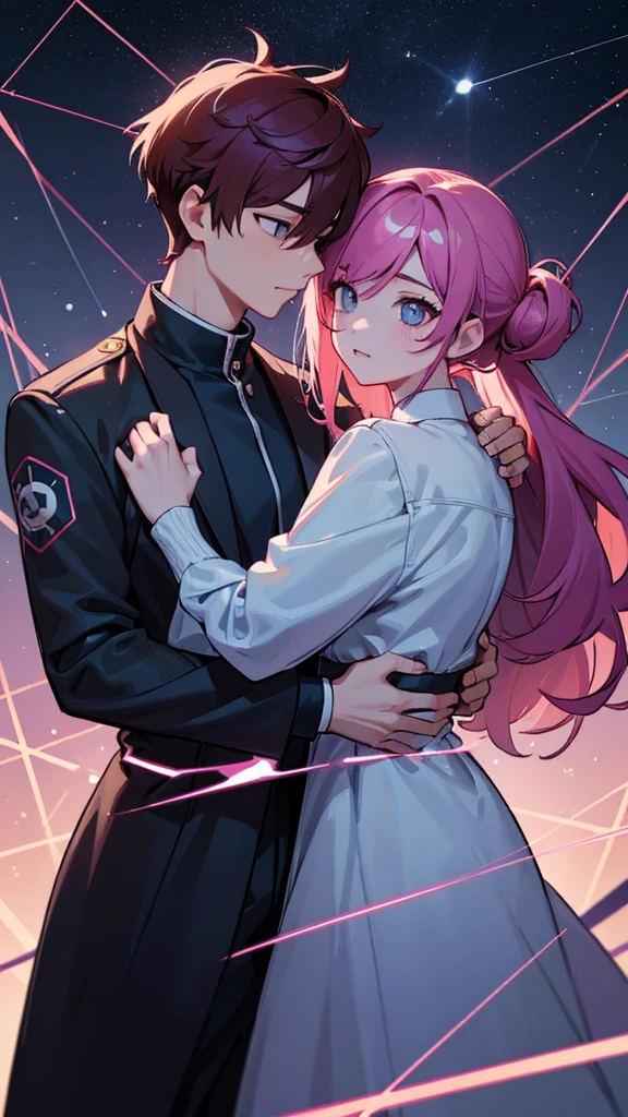 Men and women with the same face、, Men and women with the same eye color、, Men and women with the same hairstyle and hair color、, Embrace each other、, twins、, constellation、, star、, universe、, Cyberpunk clothing, cinematic lighting, UHD, highres, best quality, 8k