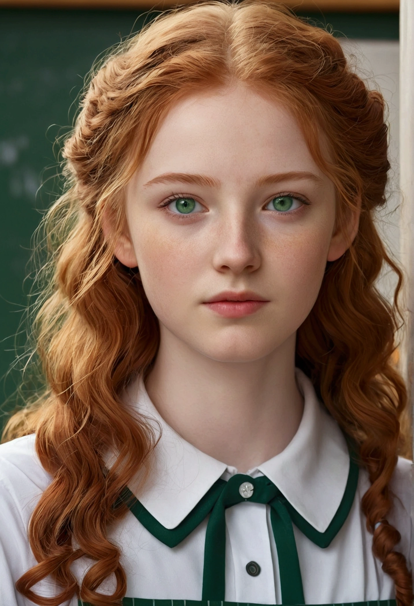 A girl, 20 years, redhead, wavy hair, very long hair, of collections, pale white skin, green eyes, small roof rack, small nose, nose turned up, round face, split chin, Small ears, in a school dress, 16k, highres, best quality, award winning, high details, textured skin, super detail, anatomically correct, masterpiece