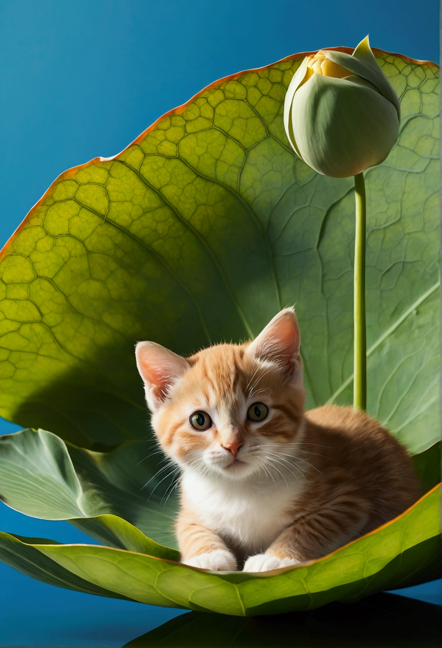 "Visualize an interpretation of a baby cat, floating in the sky on a large lotus leaf. Play with perspective and layering, to create a multidimensional composition, which questions traditional notions of space and form. Be inspired by the avant-garde spirit of and see nature in a fresh and innovative light.. Unleash your creativity, as you bring this imaginative scene to life on the screen