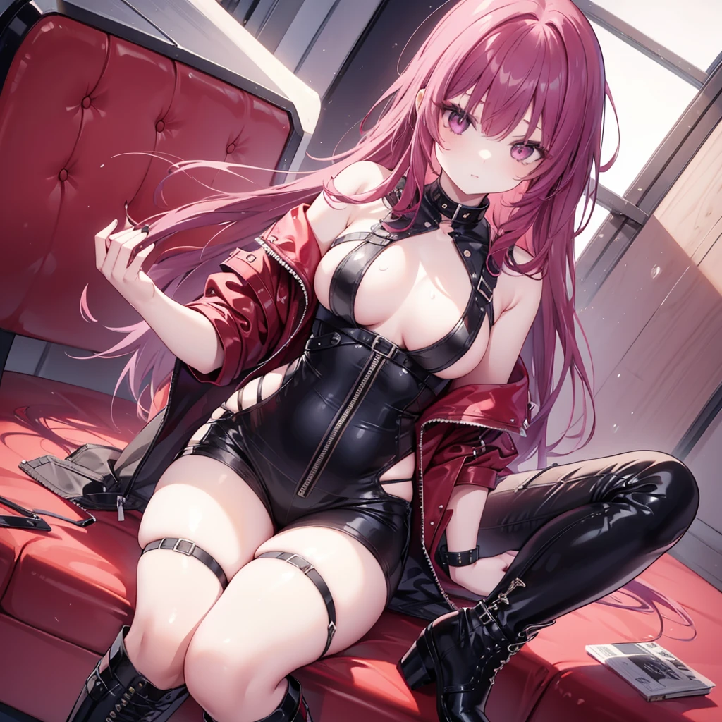 A girl who had a long red wine hair, eyes colour was yellow-ish. Wearing a alt punk style, strap boot.