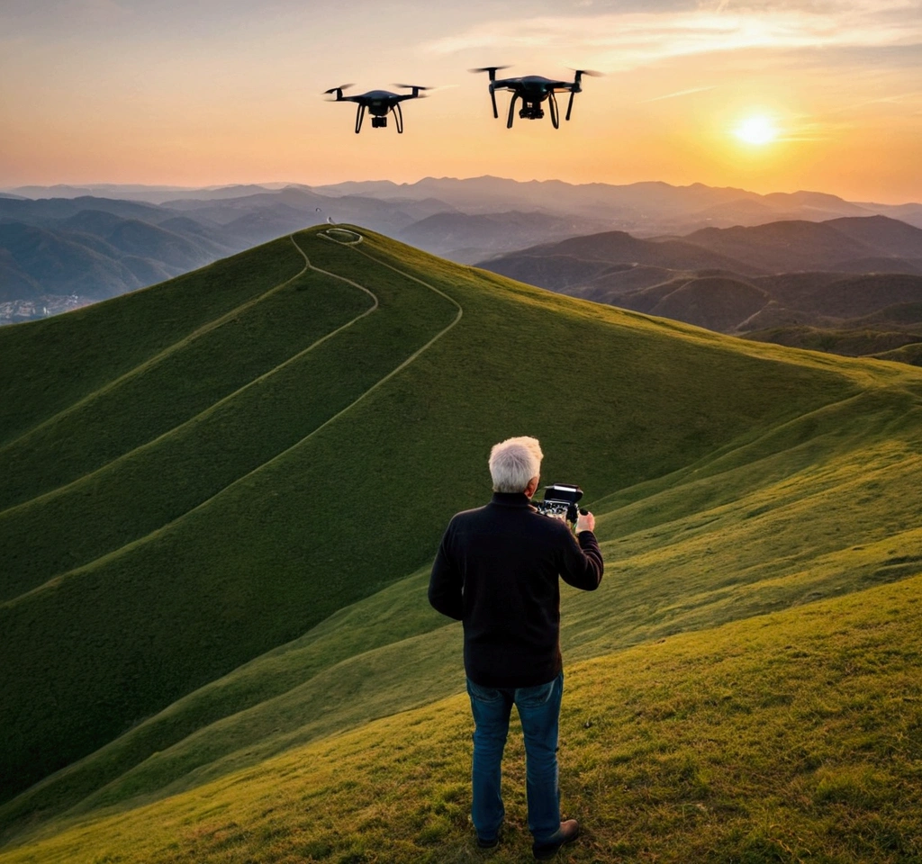 masterpiece，Highest quality，Movie stills，A view from the top of the hill A drone flew over the top of the mountain A view from the top of the hill Drone operator A drone taking pictures on the top of the mountain A drone flies over the top of the mountain The drone operator can see the top of the mountain The drone operator takes pictures on the top The drone pilot is a 40-year-old gray-haired man ，Bright，Cheerfulness，Warm and soft lighting，sunset，（Spark of Light：0.7）