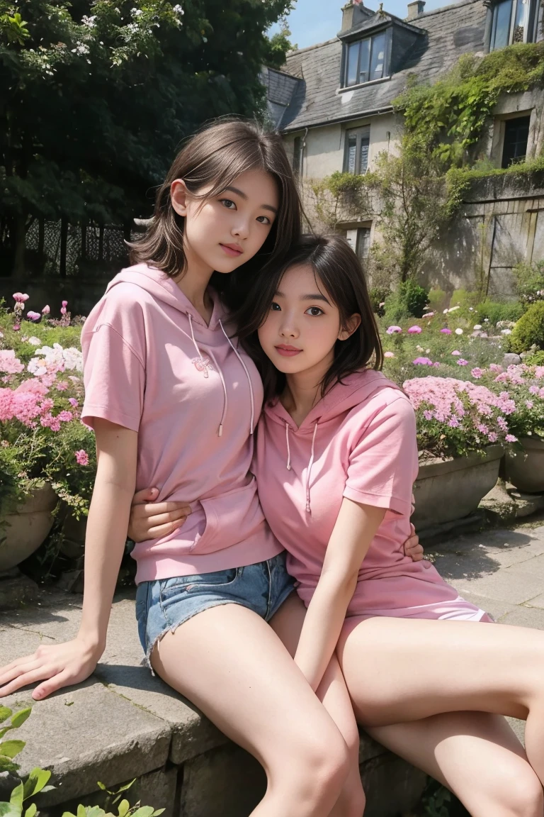 deux femmes ensemble de 18 ans sexy et mince , pink short sleeve hoodie , dans un jardin de fleur, se touche,position sey,sensuel