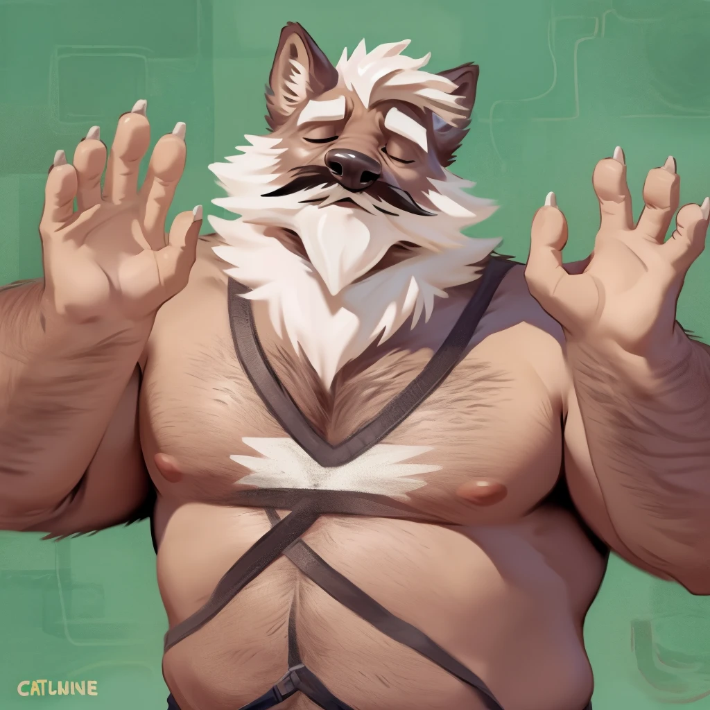 by chunie by catsudon by retros, male,((mature,mature male)),((Bearded,mustache)),solo,wolf, dad bod,(white hair), facial hair, facing viewer, (((closed eyes))), ((smilling)), feline claws, ((5 fingers)), green spiral background, shirtless, smile, ((((ok gesture)))), palm forward,