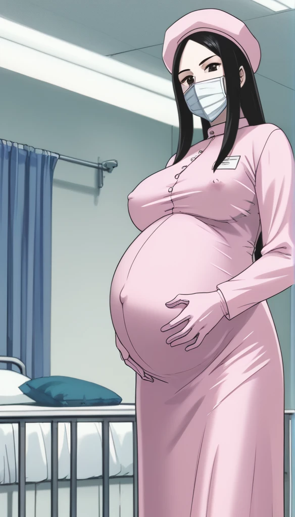 score_9, score_8_up, score_7_up, source_anime, raw image, masterpiece, highest quality, kasuganoray, very charming, pale skin, she narrowed her eyes, eyes want to have sex, her eyes were filled with a high level of lust, looking_at_viewer, long black hair, close ears, big breasts, tip of nipple, scrubs, pointed nipples, surgical mask, bouffant cap, long sleeve maternity dress, put on another long sleeved coat, seamless, navel head, the dress isn't wrinkled, tight fitting, long white stockings,
1girl, pregnant, solo, good shape, sexy, long rubber gloves, looking down, look at viewer, furrowed brow, hospital bed, light shines from the ceiling, standing, patient room background, she is in great shape even though she is pregnant, everyone is in love with you