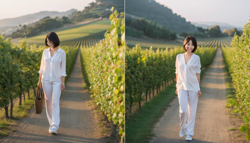 8k realistic, lifelike photo,, 36 year old Korean woman, Short in stature, pretty like a model. front view, White shirt and short cardigan, casual pants, short medium hair, Smiley, Italy. vineyard, thick dawn fog. vineyard 지나 짙은 안개 속으로 저 멀리 성당이 보인다. Full body shot from afar with a wide angle lens , 1 woman, Short in stature, looking up the side, Excellent picture quality, The morning fog is thick, The picture quality is alive. Full body shot with Canon 16-35 wide angle lens