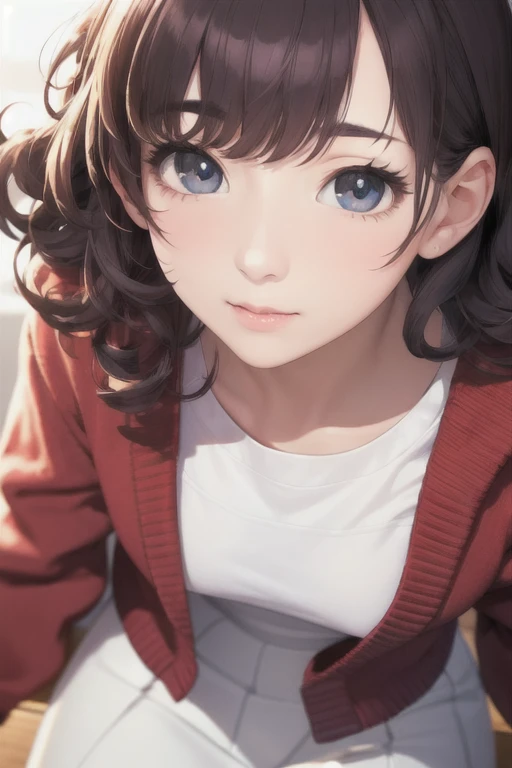 girl,Character design sheet,Beautiful attention to detail,Beautiful lip detail,Very detailed目と顔,Long eyelashes,Realistic,photoRealistic:1.37,Very detailed,Professional,Vibrant colors,Portraiture,Studio Lighting,Sharp focus,Physically Based Rendering,High resolution,超High resolution. blue eyes,Big eyes, Long Hair,Curly hair、Black Hair,Red cheeks,Droopy eyes,Small breasts,Jacket,Red cardigan,White T-shirt,White long skirt,Drink