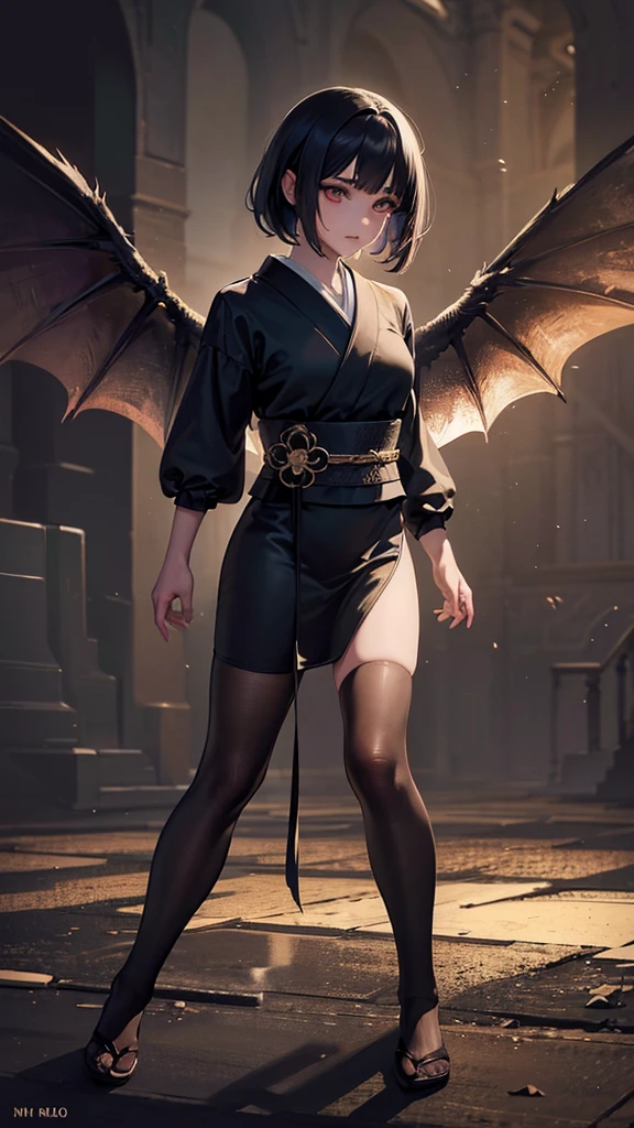 a young japanese girl, demon, demonic wings, abandoned church, full body view, low angle shot, (best quality,4k,8k,highres,masterpiece:1.2),ultra-detailed,(realistic,photorealistic,photo-realistic:1.37),detailed facial features, beautiful intricate eyes, long eyelashes, sharp focus, cinematic lighting, dramatic shadows, moody atmosphere, dark fantasy, gothic, muted color palette, dramatic lighting