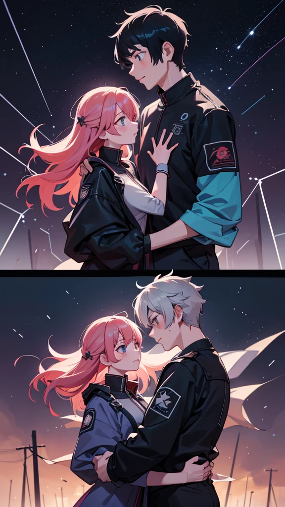 Men and women with the same face、Men and women with the same eye color、Men and women with the same hairstyle、Embrace each other、star座、star、universe、Cyberpunk clothing