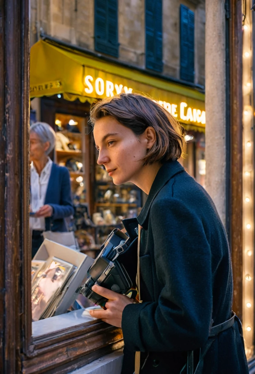 Street photography photo of a stylish French girl, with short hair, capturing her while window-shopping, upper body framing, on a quaint Parisian street, with neon lighting from shop signs, shot from a high angle, on a Sony A7111, with a (bokeh effect:1.3), (in the style of Garry Winograd:1.4)
