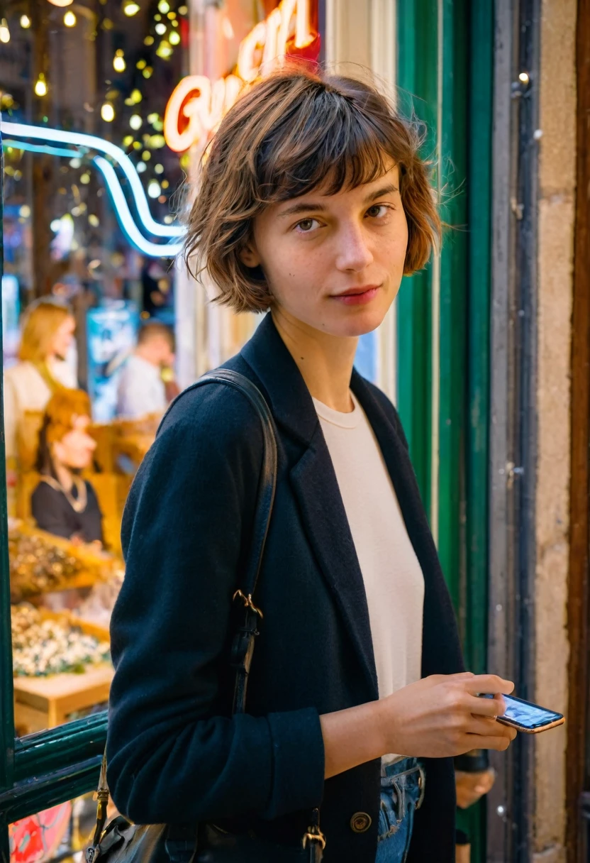 Street photography photo of a stylish French girl, with short hair, capturing her while window-shopping, upper body framing, on a quaint Parisian street, with neon lighting from shop signs, shot from a high angle, on a Sony A7111, with a (bokeh effect:1.3), (in the style of Garry Winograd:1.4)